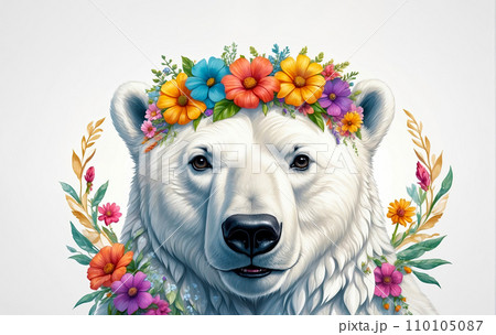 Funny animal. Polar bear in a wreath of flowers. 110105087