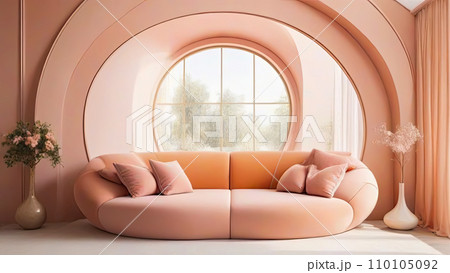 Colorful living room interior with a cozy sofa and house plants. 110105092