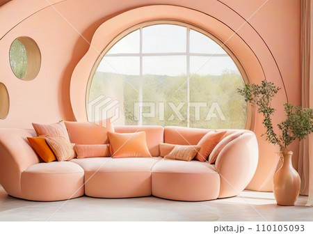Colorful living room interior with a cozy sofa and house plants. 110105093