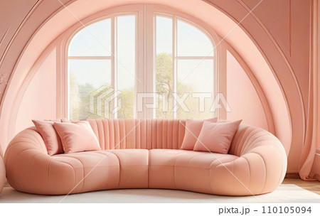 Colorful living room interior with a cozy sofa and house plants. 110105094