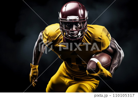 AI-generated content. Portrait of American football player running with the ball. Muscular African American athlete in a burgundy and yellow uniform with an ovoid ball in a dynamic pose. Isolated on 110105317