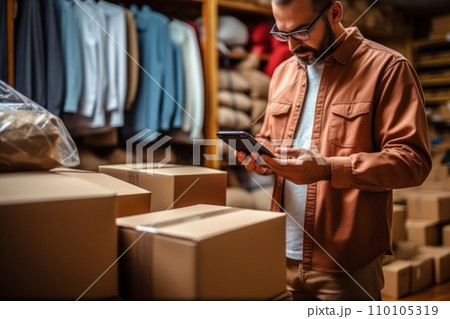 AI-generated content. Young man with smartphone in clothing store. Many cardboard boxes around and rack with clothes on the background. Online shopping advantage, fashion, technology and modern life 110105319