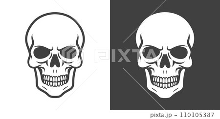 Vector Black and White Skull Icon Set Closeup Isolated. Skulls Collection with Outline, Cut Out Style in Front View. Hand Drawn Skull Head Design Template 110105387