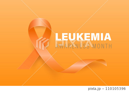 Leukemia, Blood Cancer Banner, Card, Placard with Vector 3d Realistic Orange Ribbon on Orange Background. Leukemia Cancer Awareness Month Symbol Closeup, September. World Leukemia Cancer Day Concept 110105396