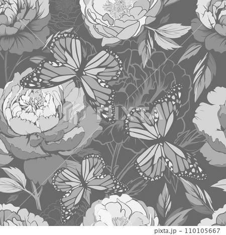 Seamless pattern of monochrome flowers and butterflies. hand drawing. Not AI, Vector illustration 110105667