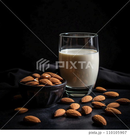 Delicious fresh almond milk in a glass and almond grains on a black background, organic healthy food 110105907