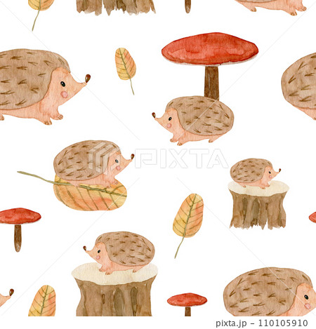 Watercolor seamless pattern with hedgehog, mushrooms and leaves. Hand drawn forest mushrooms and animals. Hand print with cute forest animals 110105910