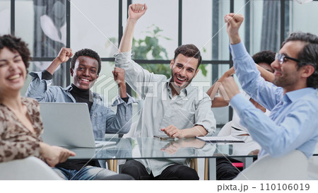 Best team ever. Portrait of extremely happy multinational coworkers are standing in office Best team ever. Portrait of extremely happy multinational coworkers are standing in office 110106019