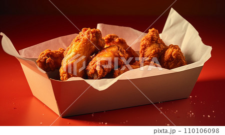 fried chicken legs in breadcrumbs .fast food in a box.Generative AI	 110106098