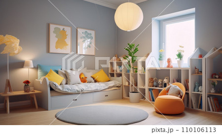 Interior of children`s room in Scandinavian style, modern minimalist design with wood furniture and wall pictures for kids. Concept of contemporary apartment, decor and decoration 110106113