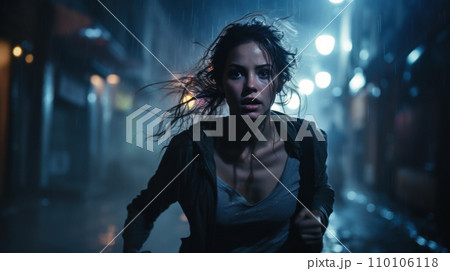 Scared young woman runs down dark city street in rain, face of frightened girl escaping danger at night. Terrified female person like in thriller or horror movie. Concept of chase, fear 110106118