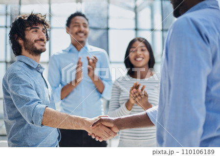 Agreement, business meeting, professional team in corporate office. 110106189