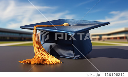 AI-generated content. A blue graduation hat with a yellow tassel lies on a table outside against a blue sky background AI-generated content. A blue graduation hat with a yellow tassel lies on a table outside against a blue sky background 110106212