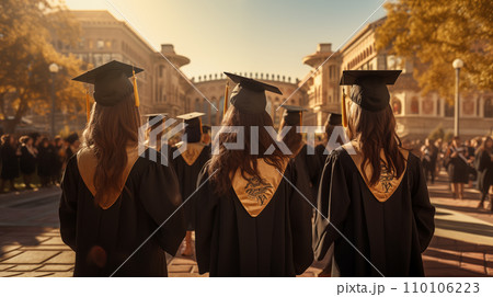 AI-generated content. Rear view of a group of graduate girls standing outdoors on street 110106223