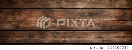 Old dark wood planks texture background, vintage brown wooden long boards of barn wall. Panoramic wide banner. Theme of rustic design, nature, wallpaper, woodgrain, material 110106356