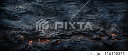 Burnt wood texture background, wide banner of charred black timber. Abstract pattern of dark scorched tree. Concept of charcoal, smoke, coal, grill, embers, fire, firewood, burn 110106366