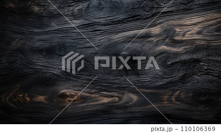 Burned wood texture background, charred black timber close-up. Abstract pattern of dark burnt scorched tree. Concept of charcoal, coal, grill, embers, wallpaper, firewood, barbecue 110106369