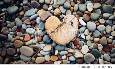 Stone with crack in shape of heart with multitude of stones on background, character, themes of natural beauty, love, resilience, idea of being perfectly imperfect. Strength and Resilience of Love Stone with crack in shape of heart with multitude of stones on background, character, themes of natural beauty, love, resilience, idea of being perfectly imperfect. Strength and Resilience of Love 110107105