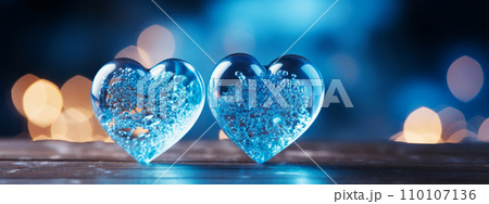 Two vibrant blue hearts from glass with bubbles on blue and orange bokeh background, creating warm, romantic atmosphere of Valentine's Day. Banner with copy space Two vibrant blue hearts from glass with bubbles on blue and orange bokeh background, creating warm, romantic atmosphere of Valentine's Day. Banner with copy space 110107136