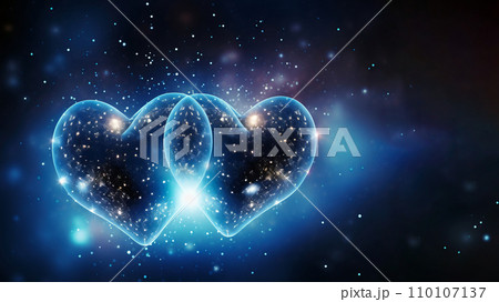 Love and cosmos, two glowing heart with luminescent blue light in space, sense of Valentine's Day sentiment on interstellar scale. Banner with copy space Love and cosmos, two glowing heart with luminescent blue light in space, sense of Valentine's Day sentiment on interstellar scale. Banner with copy space 110107137