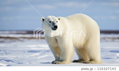 Solitary polar bear on pristine ice floe, expansive Arctic seascape, as guardian of ecosystem and symbol of resilience against challenges posed by changing climate. 110107143