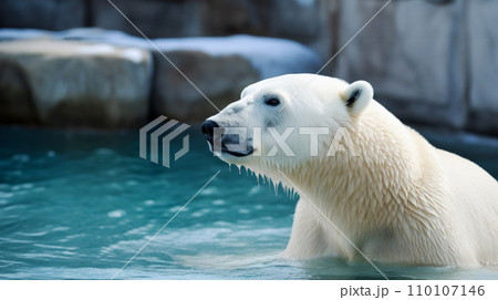 Portrait of polar bear sitting in water in zoo, with tranquil expression on face. World Polar Bear Day. campaigns importance of protecting these iconic animals and their natural environment Portrait of polar bear sitting in water in zoo, with tranquil expression on face. World Polar Bear Day. campaigns importance of protecting these iconic animals and their natural environment 110107146