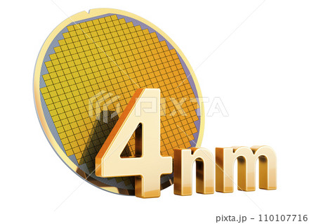 Silicon Wafer with Processor Cores, 4 nm size. 3D rendering Silicon Wafer with Processor Cores, 4 nm size. 3D rendering 110107716