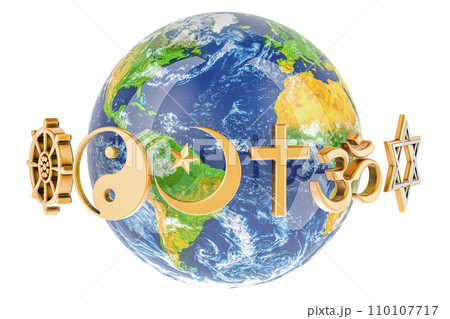 Earth Globe with religions symbols around, 3D rendering Earth Globe with religions symbols around, 3D rendering 110107717