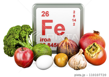 Products containing Iron, Fe. 3D rendering 110107720