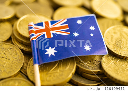 Australia flag on coins money, finance and accounting, banking concept. 110109451