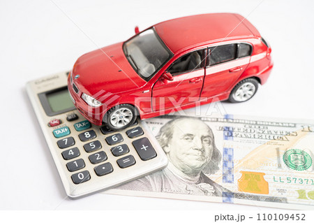 Bangkok, Thailand, September 1, 2023 Car with banknote money, buying or accident insurance concept. 110109452