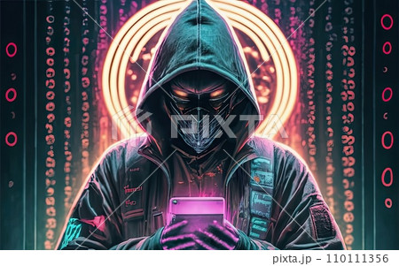 Hacker in hoodie in dark neon digit symbol background Hacker in hoodie in dark neon digit symbol background 110111356