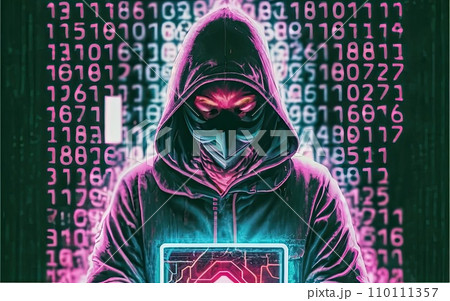 Hacker in hoodie in dark neon digit symbol background  110111357