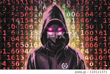 Hacker in hoodie in dark neon digit symbol background  110111371