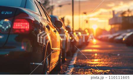 Car parked at outdoor parking lot. Used car for sale and rental service. Car insurance background. Automobile parking area. Car dealership and dealer agent concept. Automotive industry. Generative AI. Car parked at outdoor parking lot. Used car for sale and rental service. Car insurance background. Automobile parking area. Car dealership and dealer agent concept. Automotive industry. Generative AI. 110111605