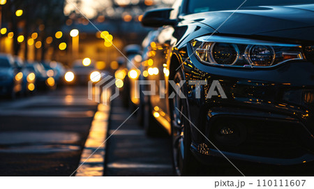 Car parked at outdoor parking lot. Used car for sale and rental service. Car insurance background. Automobile parking area. Car dealership and dealer agent concept. Automotive industry. Generative AI. Car parked at outdoor parking lot. Used car for sale and rental service. Car insurance background. Automobile parking area. Car dealership and dealer agent concept. Automotive industry. Generative AI. 110111607