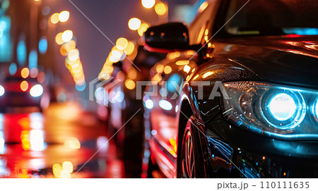 Car parked at outdoor parking lot. Used car for sale and rental service. Car insurance background. Automobile parking area. Car dealership and dealer agent concept. Automotive industry. Generative AI. 110111635