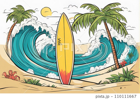 Summer vacation illustration theme, big waves,palm tree,surfboard,sand beach, flat cartoon character graphic design Summer vacation illustration theme, big waves,palm tree,surfboard,sand beach, flat cartoon character graphic design 110111667