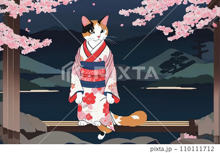 cat with kimono dress in ukiyoe style  110111712