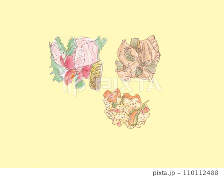 パクチーとトマトと鶏ハムのサラダとポテトサラダと蓮根と豚肉の柚子胡椒炒め 110112488