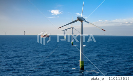 洋上風力発電の風車と船 110112615