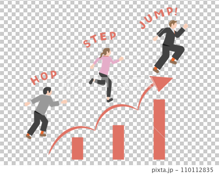 Pictogram-style illustrations of images of step up, level up, skill up, jump up, and growth 110112835