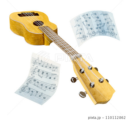 Side angle view of an isolated yellow soprano ukulele, headstock close up, two music sheet papers flying around 110112862