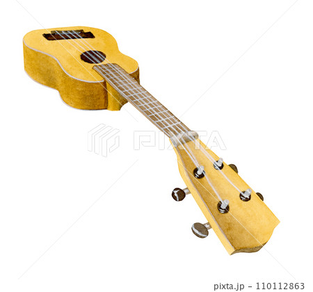 Side angle view of an isolated yellow soprano ukulele, headstock close up 110112863