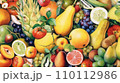 Top view of Different fresh organic vegetables and fruits. Food background. Watercolor style. 110112986