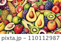Top view of Different fresh organic vegetables and fruits. Food background. Watercolor style. 110112987