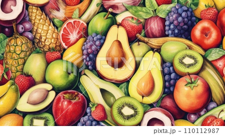 Top view of Different fresh organic vegetables and fruits. Food background. Watercolor style. 110112987