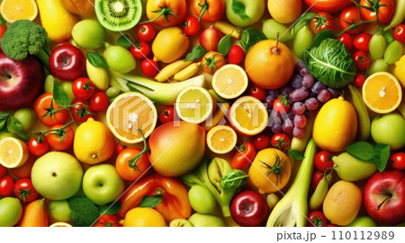 Top view of Different fresh organic vegetables and fruits. Food background. 110112989