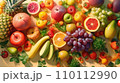 Top view of Different fresh organic vegetables and fruits. Food background. 110112990