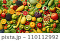 Top view of Different fresh organic vegetables and fruits. Food background. 110112992